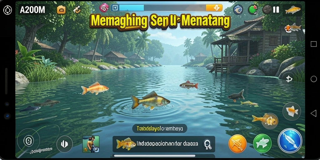Screenshot utama A200M menampilkan aksi memancing yang mendebarkan.