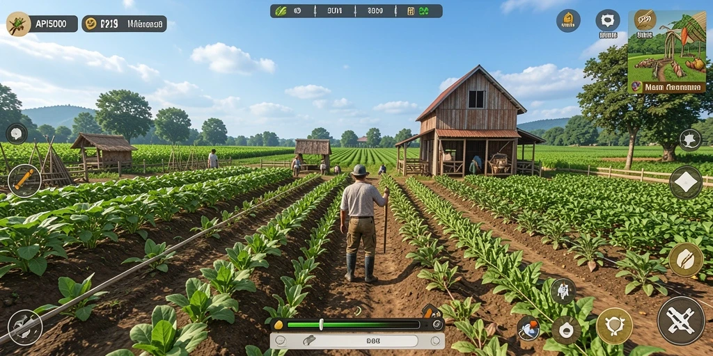 Tangkapan layar gameplay <strong>API5000</strong> menunjukkan aktivitas bertani yang menyenangkan.