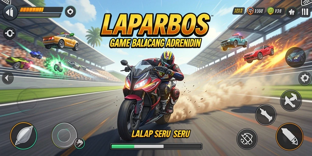 Screenshot gameplay LAPARBOS menampilkan aksi balapan yang mendebarkan.